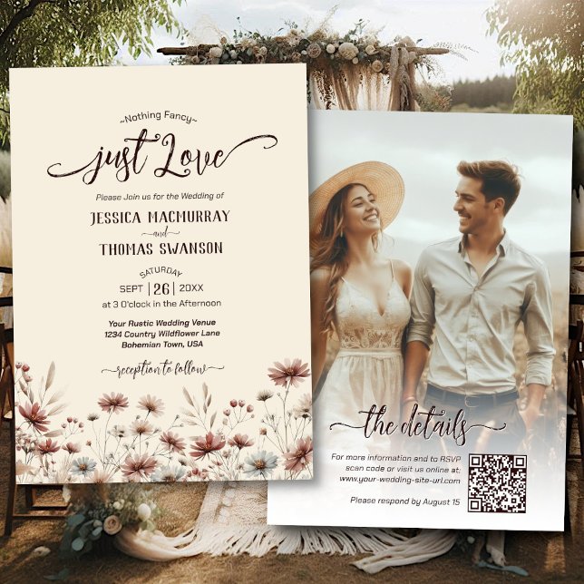 Just Love! Boho Wildflowers Photo QR Code Wedding Invitation (Front/Back)