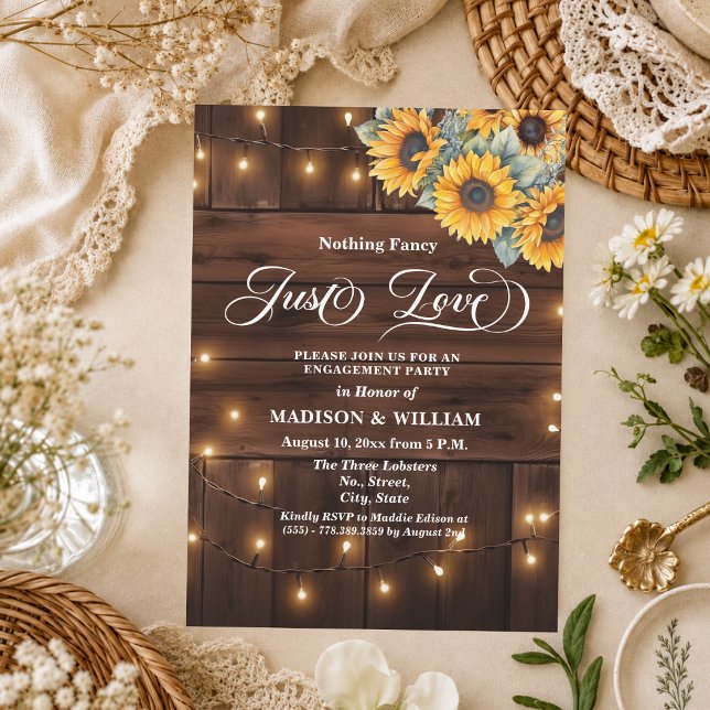 Just Love Brown Wood String Light Engagement Party Invitation (Creator Uploaded)