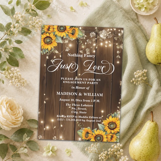Just Love Brown Wood String Light Engagement Party Invitation (Creator Uploaded)