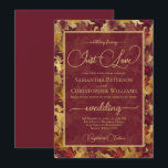 Just Love Burgundy & Gold Autumn Leaves Wedding Invitation<br><div class="desc">This beautiful wedding invitation features a rustic boho chic watercolor background with leaves and foliage in shades of burgundy and gold. The design is elegant, whimsical, and fun, including modern script lettering with swashes and flourishes on the ends of the letters reading "Nothing fancy, just love!" Lovely way to invite...</div>