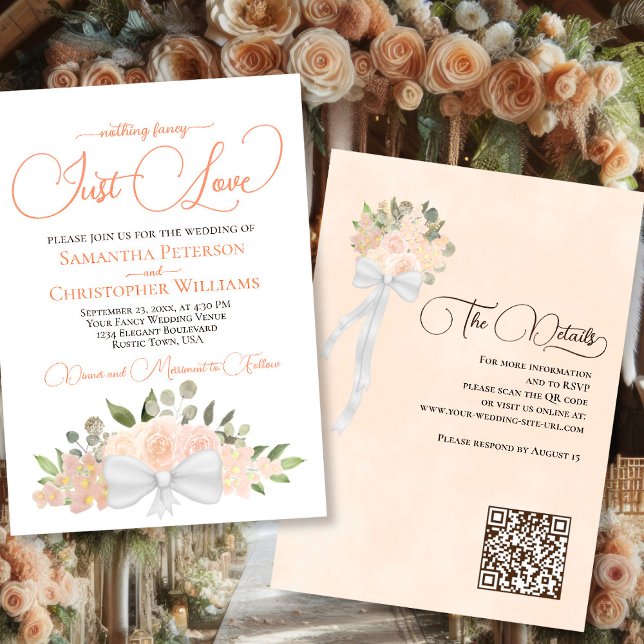 Just Love Coral Peach Boho Floral QR Code Wedding Invitation (Front/Back)