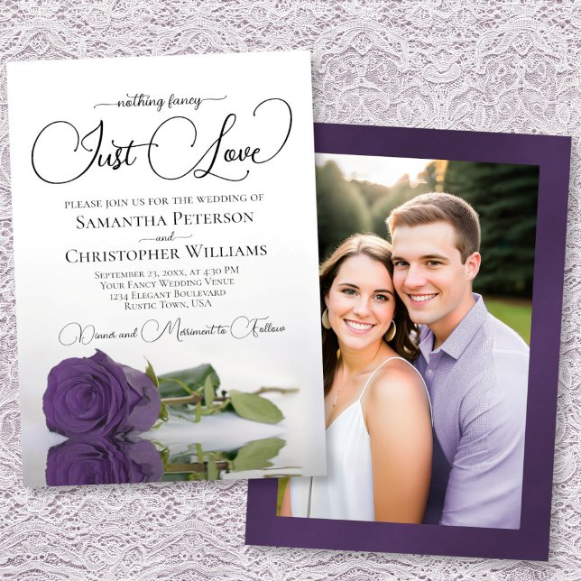 Just Love Elegant Amethyst Rose Wedding Photo Back Invitation (Front/Back)