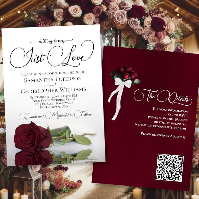 Just Love Elegant Burgundy Rose QR Code Wedding Invitation (Front/Back)