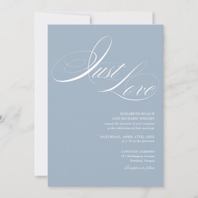 Just Love Elegant Modern Script Dusty Blue Wedding Invitation (Front)