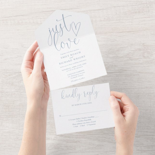 Just Love Elegant Script Dusty Blue Wedding All In One Invitation (Tearaway)
