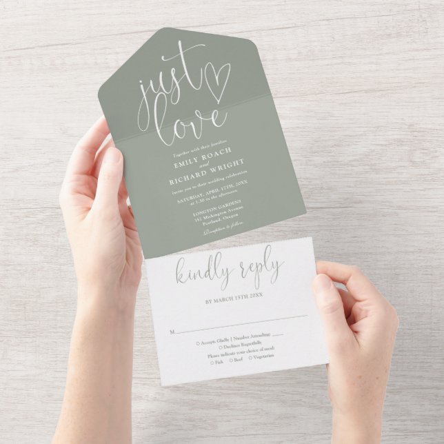 Just Love Elegant Script Sage Green Wedding All In One Invitation (Tearaway)