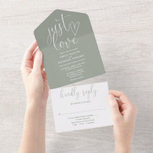 Just Love Elegant Script Sage Green Wedding All In One Invitation