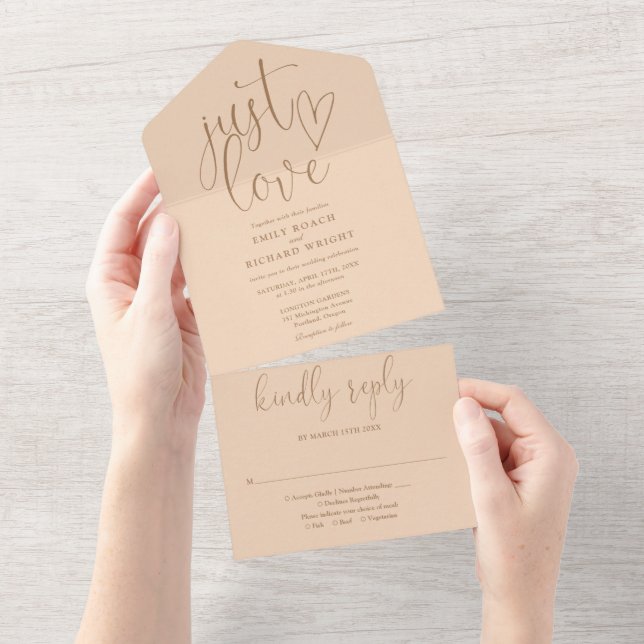 Just Love Elegant Script Soft Peach Wedding All In One Invitation (Tearaway)