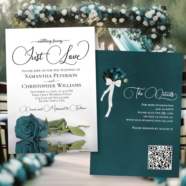 Just Love Elegant Teal Rose QR Code Wedding Invitation (Front/Back)