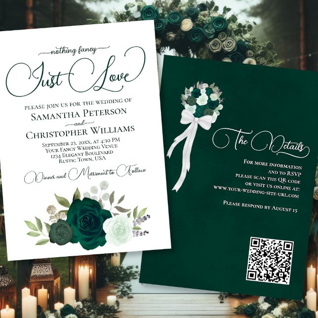 Just Love Emerald Green Roses Boho QR Code Wedding Invitation (Front/Back)