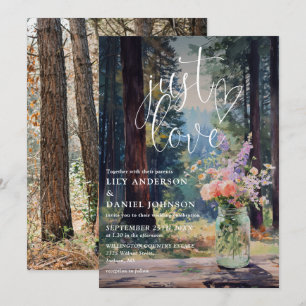 Just Love Forest Floral Mason Jar Photo Wedding Invitation