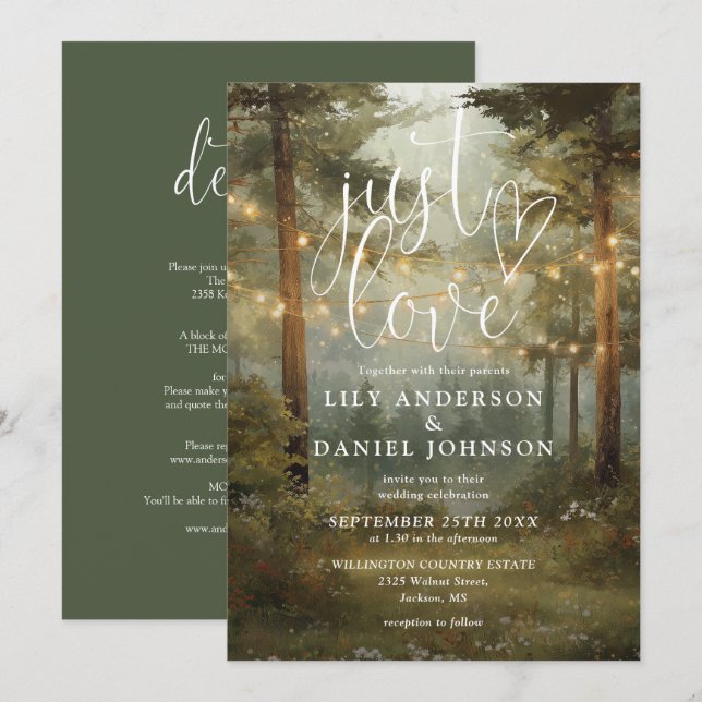 Just Love Forest String Lights All In One Wedding Invitation (Front/Back)