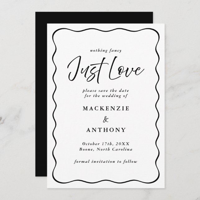 Just Love Handwritten Wavy Frame Black & White Save The Date (Front/Back)