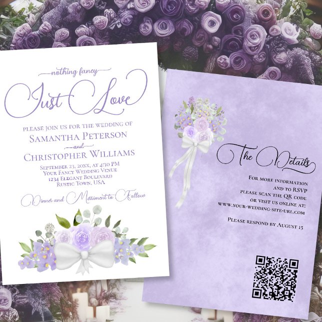 Just Love Lavender Boho Floral QR Code Wedding Invitation (Front/Back)