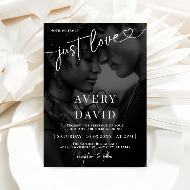 Just Love Minimalist Wedding Black Photo Invitation (Creator Uploaded)