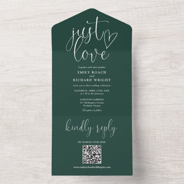 Just Love Modern QR Code Emerald Green Wedding All In One Invitation (Inside)