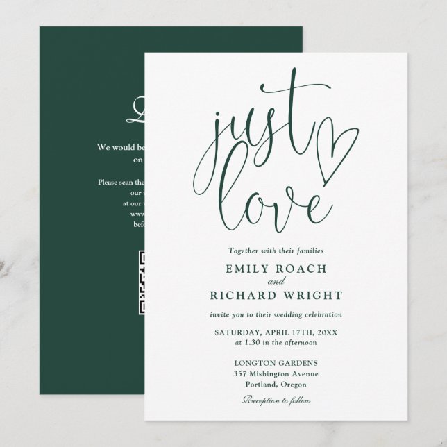 Just Love Modern QR Code Emerald Green Wedding Invitation (Front/Back)