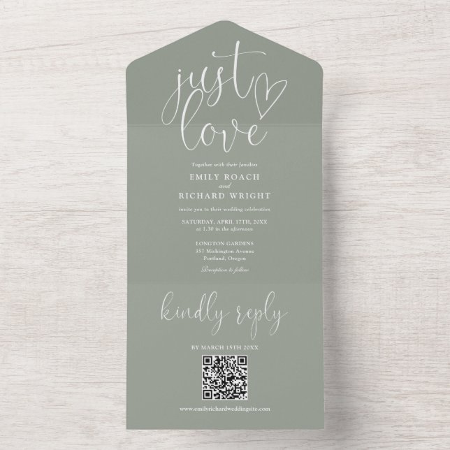 Just Love Modern QR Code Sage Green Wedding All In One Invitation (Inside)
