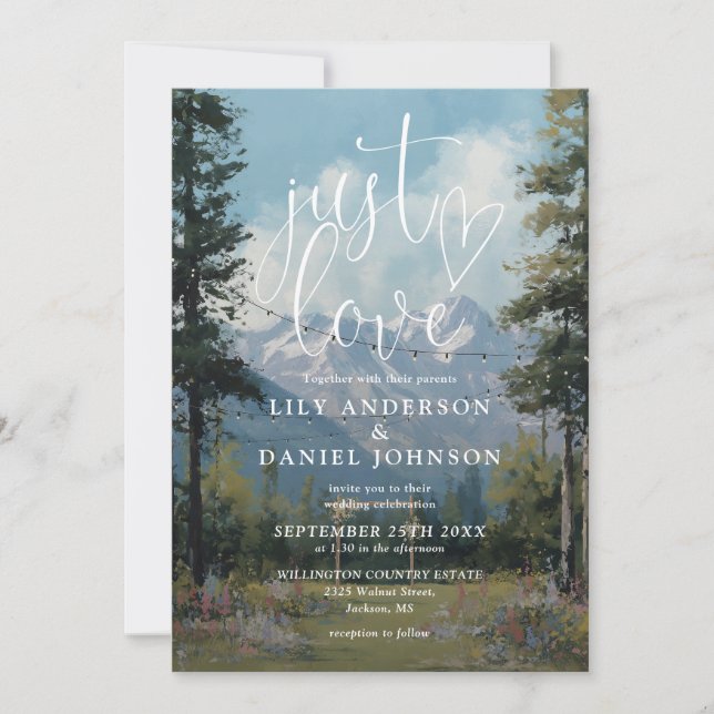 Just Love Mountain Floral String Lights Wedding Invitation (Front)