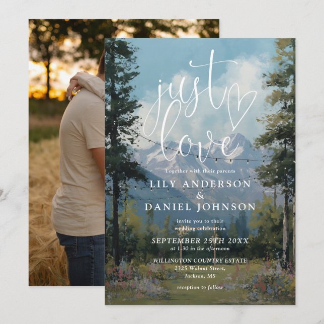 Just Love Mountain String Lights Wedding Photo Invitation (Front/Back)