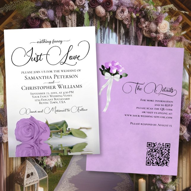 Just Love Pretty Lilac Purple Rose QR Code Wedding Invitation (Front/Back)