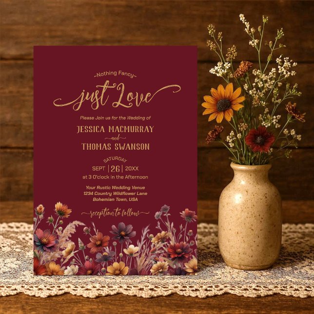 Just Love Rustic Burgundy Boho Wildflowers Wedding Invitation (Creator Uploaded)