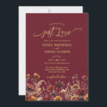 Just Love Rustic Burgundy Boho Wildflowers Wedding Invitation<br><div class="desc">Invite your guests to your special day with this lovely rustic boho chic wildflowers wedding invitation. Featuring a charming mix of autumn flowers and grasses in gold, burgundy, sienna, and marigold on a burgundy background, it's titled with a bold, handwritten "nothing fancy Just Love!" in elegant script lettering. Beautiful and...</div>