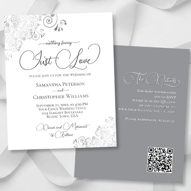 Just Love Silver QR Code BUDGET Wedding Invite (Front/Back)