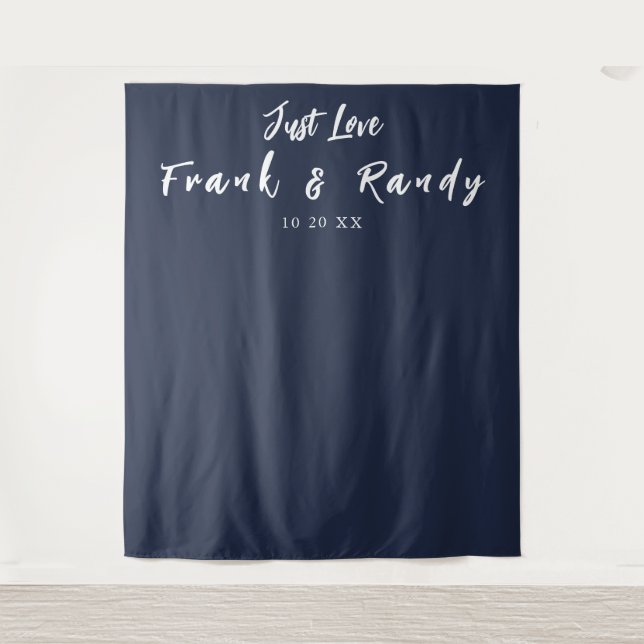 Just Love Simple Navy Blue Wedding Wall Backdrop Tapestry (Front)
