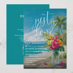 Just Love Tropical Beach Floral QR Code Wedding Invitation