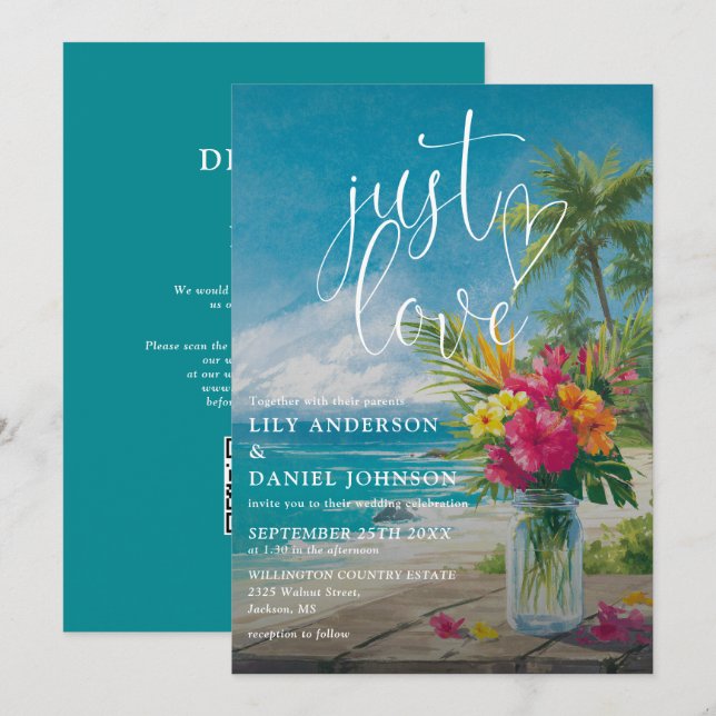 Just Love Tropical Beach Floral QR Code Wedding Invitation (Front/Back)