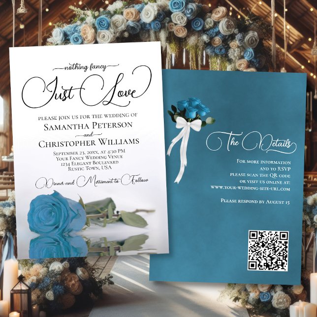 Just Love Turquoise Sky Blue Rose QR Code Wedding Invitation (Front/Back)