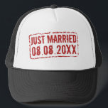 Just Maried trucker hat with wedding date stamp<br><div class="desc">Just Maried trucker hat with wedding date stamp. Fun wedding day gift idea for newlywed couple and honeymooners. Personalise this present for bride and groom. Vintage style cap with red rubber stamp marking date of marriage.</div>