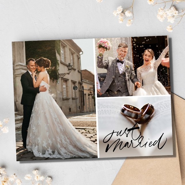 Just Marred 3 Photo Collage Wedding Thank You Postcard (Just Marred 3 Photo Collage Wedding Thank You Postcard)