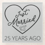 Just Married 25 Years Ago III Glass Coaster<br><div class="desc">Cute design, perfect for anyone who's been married for 25 years and to a wedding vow renewal ceremony. It makes a great matching outfit for couples! 'Just Married 25 Years Ago' quote for a couple who got married 25 years ago or a couple renewing wedding vows on their silver anniversary....</div>