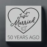 Just Married 50 Years Ago III Plaque<br><div class="desc">Cute design, perfect for anyone who's been married for 50 years and to a wedding vow renewal ceremony. It makes a great matching outfit for couples! 'Just Married 50 Years Ago' quote for a couple who got married 50 years ago or a couple renewing wedding vows on their golden anniversary....</div>