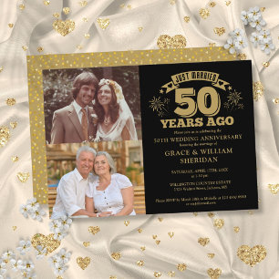Just Married 50th Anniversary 2 Photo Gold Black Invitation