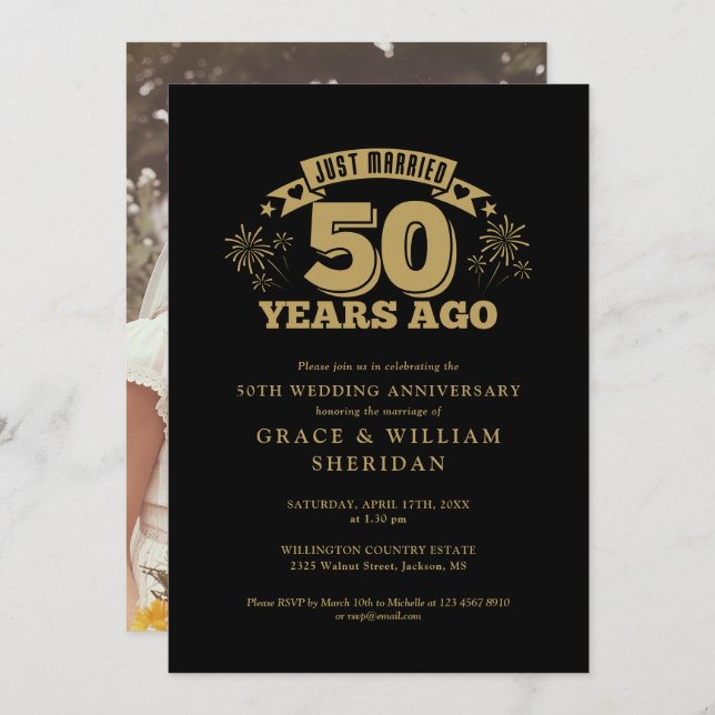 Just Married 50th Anniversary Photo Black And Gold Invitation (Front/Back)
