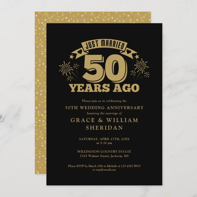 Just Married 50th Wedding Anniversary Gold Black Invitation (Front/Back)