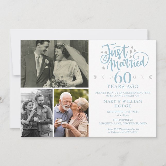 Just Married 60th Wedding Anniversary 3 Photo Invitation (Front)
