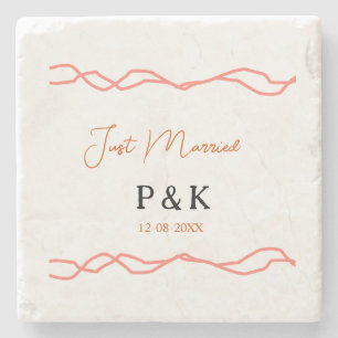 Just married add couple name date red vintagborder stone coaster
