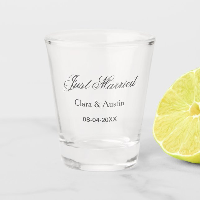Just Married add couple name date year wedding sim Shot Glass (Front)