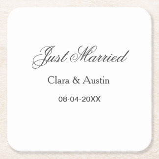 Just Married add couple name date year wedding sim Square Paper Coaster