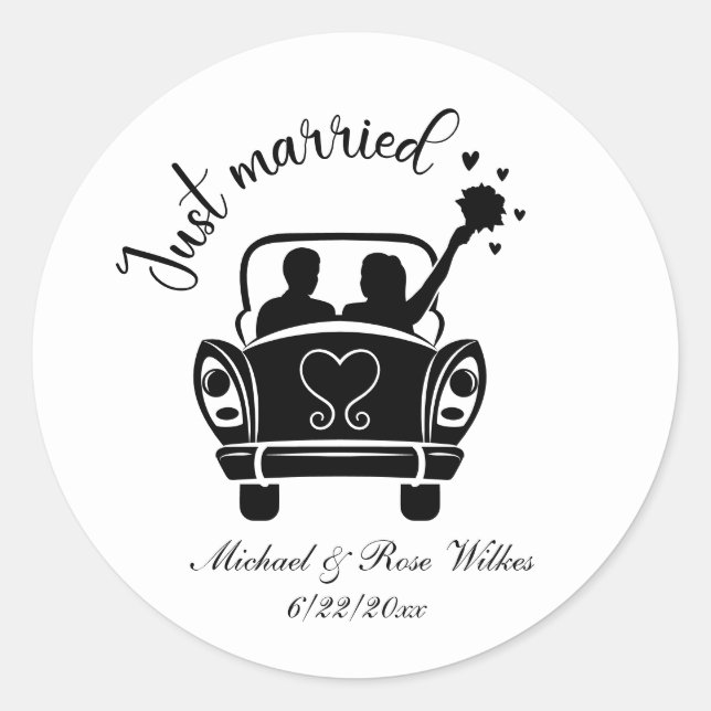 Just Married add names Date Wedding  Classic Round Sticker (Front)