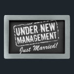 Just Married belt buckles | Under new management<br><div class="desc">Just Married belt buckles | Under new management stamp. Funny wedding and honeymoon gift idea for newly weds. Personalizable for bride and groom. Husband and wife humour.</div>