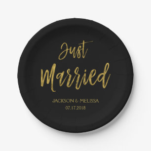Just Married Black and Gold Foil Paper Plates