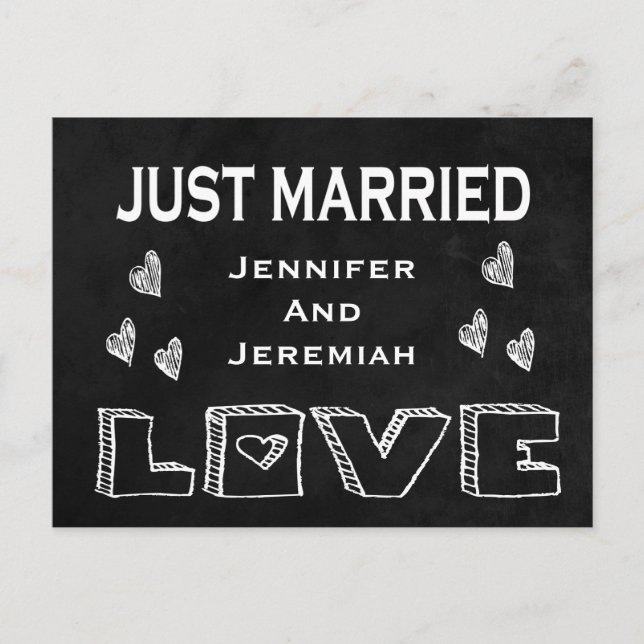 Just Married Black & White Chalkboard Love Wedding Announcement Postcard (Front)