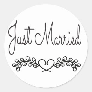 Just Married Black & White Laurel Heart Wedding Classic Round Sticker