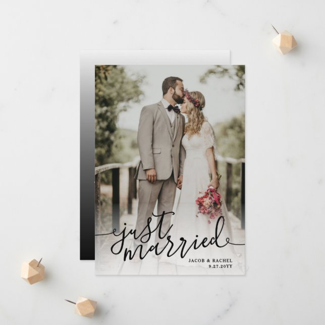 Just Married Black & White Script Photo Wedding Announcement (Front/Back In Situ)