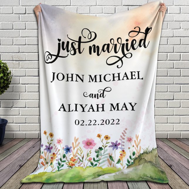 Just Married Blanket with Watercolor Wild Flowers (Creator Uploaded)